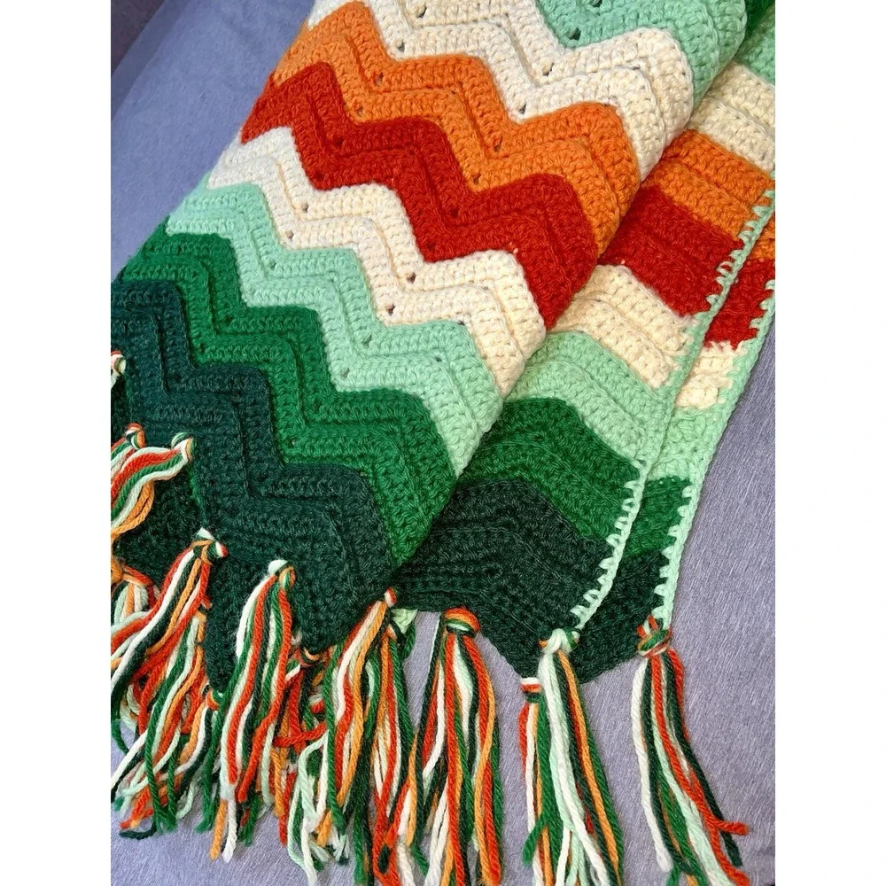 Handmade Crocheted Afghan Multicolored Zig Zag Chevron 50